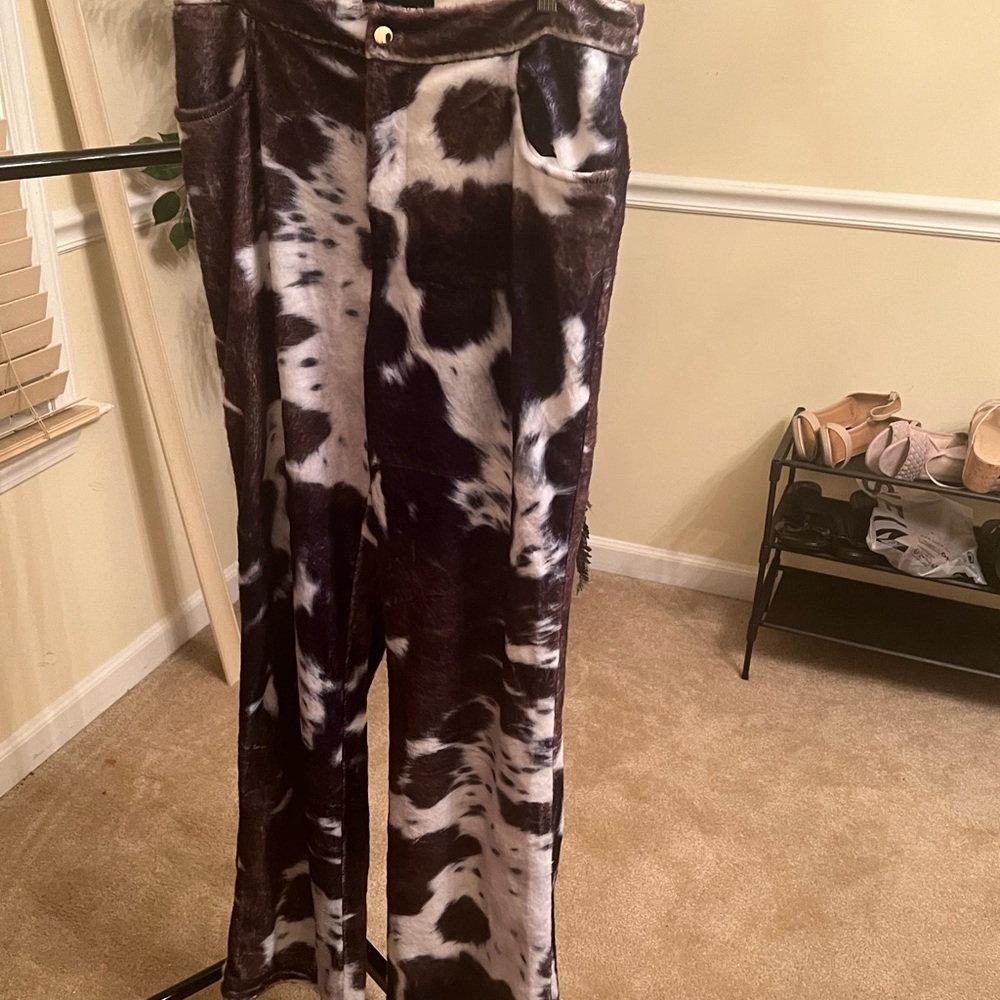 Fashion Nova Black & White Wide-Leg Cow Print Pants